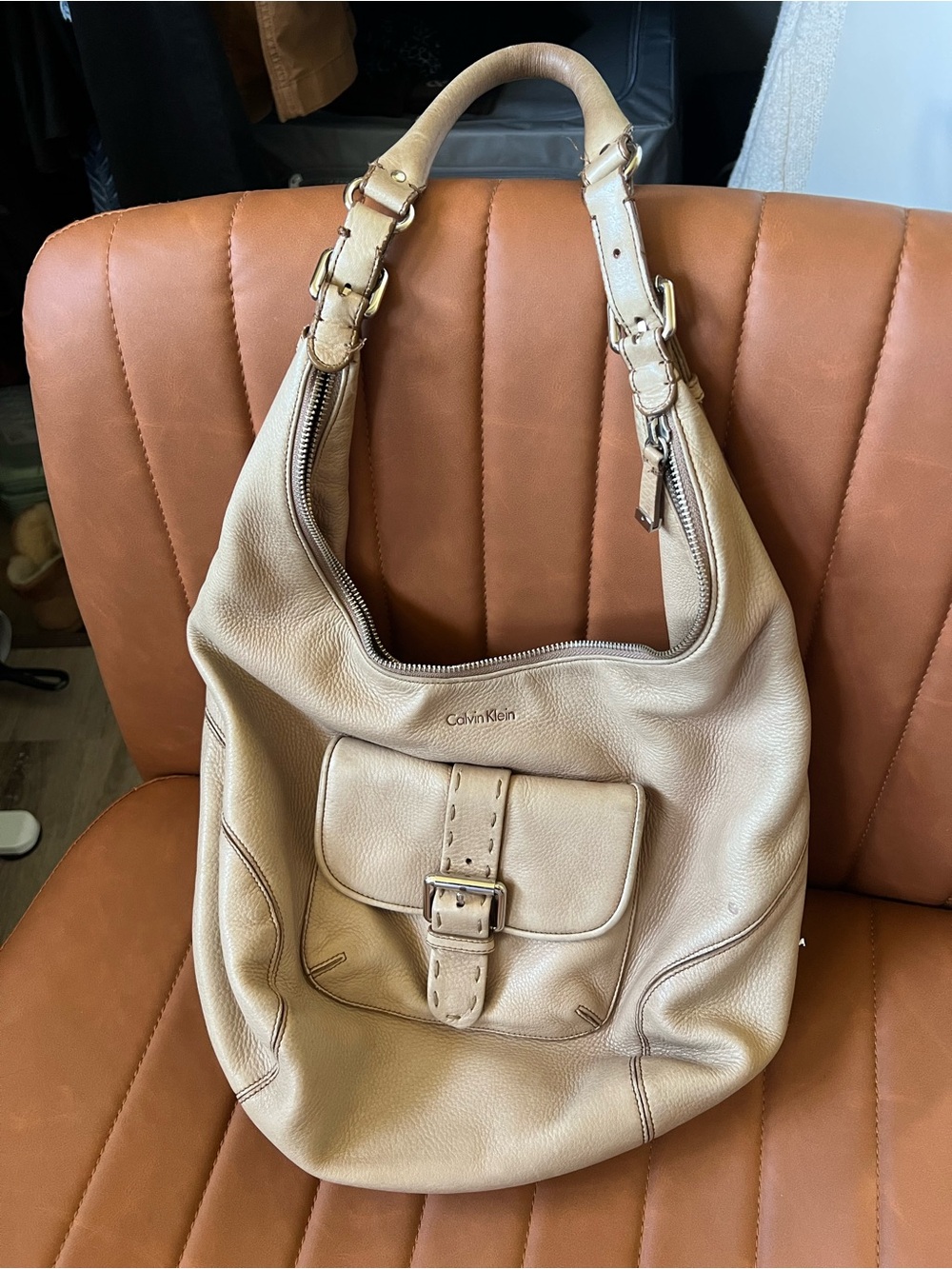 Calvin Klein Tan Leather Shoulder Hobo Bag with Front Buckle Pocket